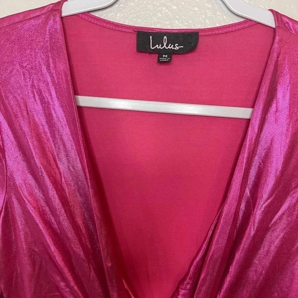 NWT Lulus Glow Like Me Hot Pink Metallic Twist-Front Long Sleeve Dress - Picture 12 of 13